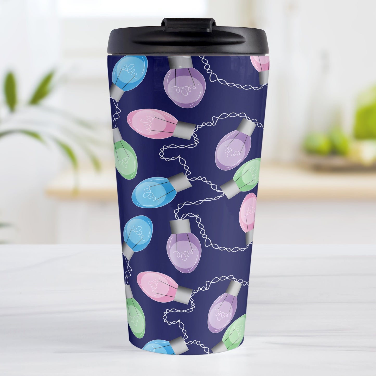 Holiday Lights Pattern Christmas Travel Mug (15oz, stainless steel insulated) at Amy's Coffee Mugs. A travel mug designed with string of colorful holiday lights in pink, blue, green, and purple in a pattern over a navy blue background color that wraps around the mug up to the mug.