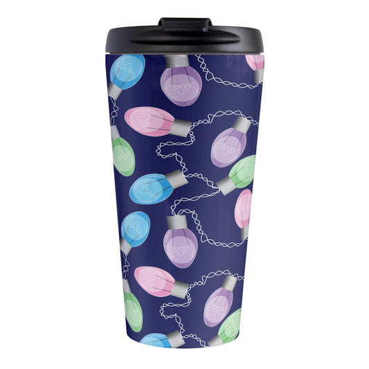 Holiday Lights Pattern Christmas Travel Mug (15oz, stainless steel insulated) at Amy's Coffee Mugs. A travel mug designed with string of colorful holiday lights in pink, blue, green, and purple in a pattern over a navy blue background color that wraps around the mug up to the mug.