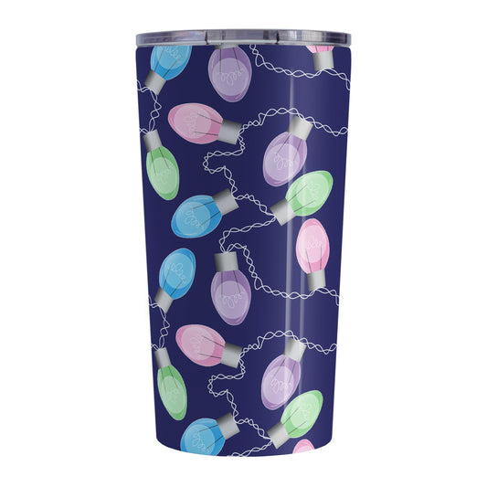 Holiday Lights Pattern Christmas Tumbler Cup (20oz, stainless steel insulated) at Amy's Coffee Mugs. A tumbler cup designed with string of colorful holiday lights in pink, blue, green, and purple in a pattern over a navy blue background color that wraps around the mug up to the cup.