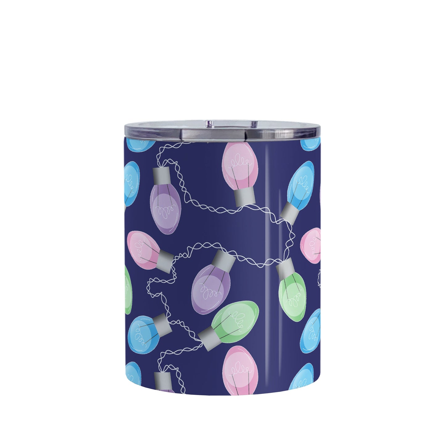 Holiday Lights Pattern Christmas Tumbler Cup (10oz, stainless steel insulated) at Amy's Coffee Mugs. A tumbler cup designed with string of colorful holiday lights in pink, blue, green, and purple in a pattern over a navy blue background color that wraps around the mug up to the cup.