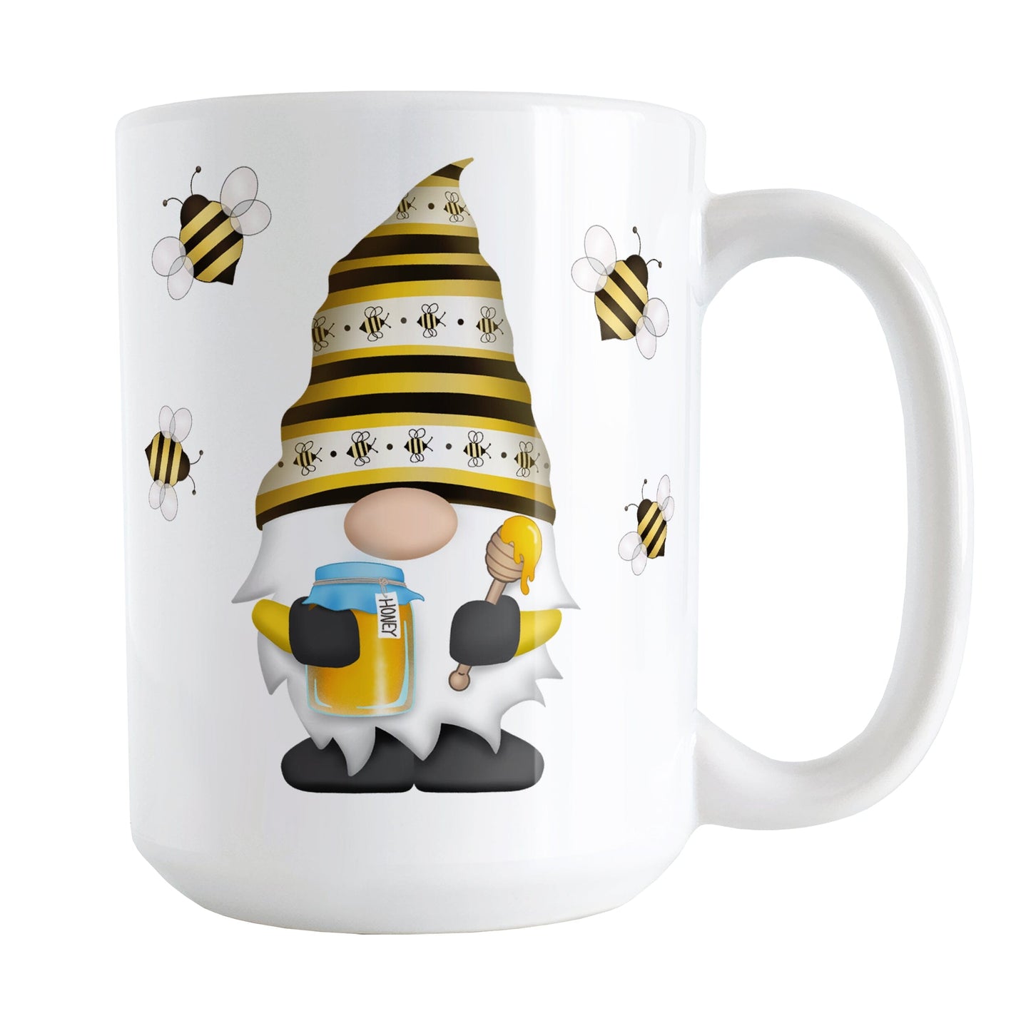 Honey Bee Gnome Mug (15oz) at Amy's Coffee Mugs. A ceramic coffee mug designed with a gnome wearing an adorable hat with black and yellow stripes and bees, holding a jar of honey and a honey dipper, with bees flying around the gnome. This cute honey bee gnome illustration is on both sides of the mug.