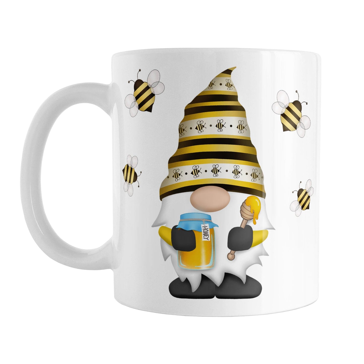 Honey Bee Gnome Mug (11oz) at Amy's Coffee Mugs. A ceramic coffee mug designed with a gnome wearing an adorable hat with black and yellow stripes and bees, holding a jar of honey and a honey dipper, with bees flying around the gnome. This cute honey bee gnome illustration is on both sides of the mug.
