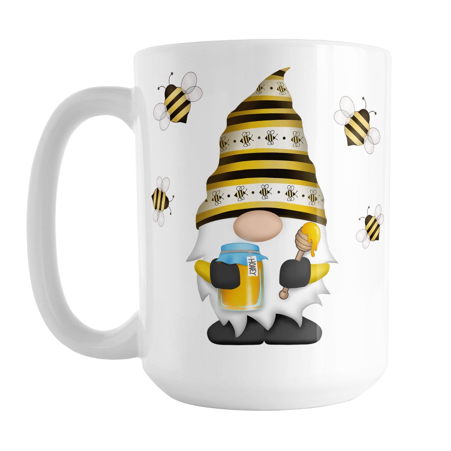 Honey Bee Gnome Mug (15oz) at Amy's Coffee Mugs. A ceramic coffee mug designed with a gnome wearing an adorable hat with black and yellow stripes and bees, holding a jar of honey and a honey dipper, with bees flying around the gnome. This cute honey bee gnome illustration is on both sides of the mug.