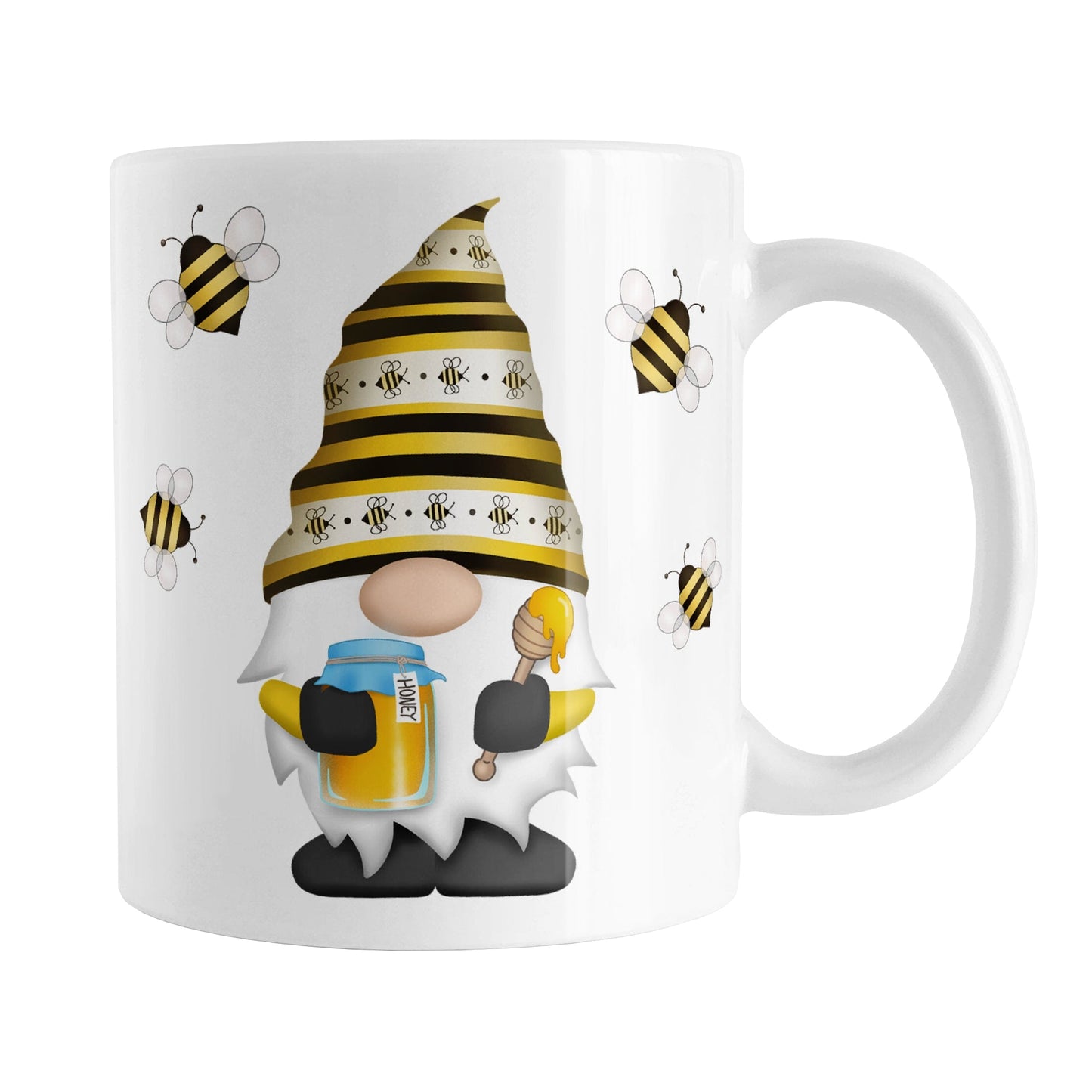 Honey Bee Gnome Mug (11oz) at Amy's Coffee Mugs. A ceramic coffee mug designed with a gnome wearing an adorable hat with black and yellow stripes and bees, holding a jar of honey and a honey dipper, with bees flying around the gnome. This cute honey bee gnome illustration is on both sides of the mug.