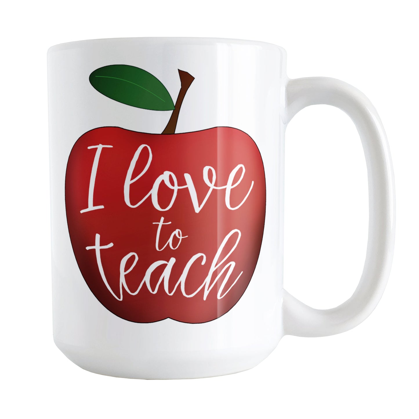 I Love to Teach - Red Apple Teacher Mug (15oz) at Amy's Coffee Mugs. A ceramic coffee mug designed with big red apple illustration with a green leaf, and the words "I love to teach" in a fun white script handwriting font fit to the inside of the apple, on both sides of the mug.