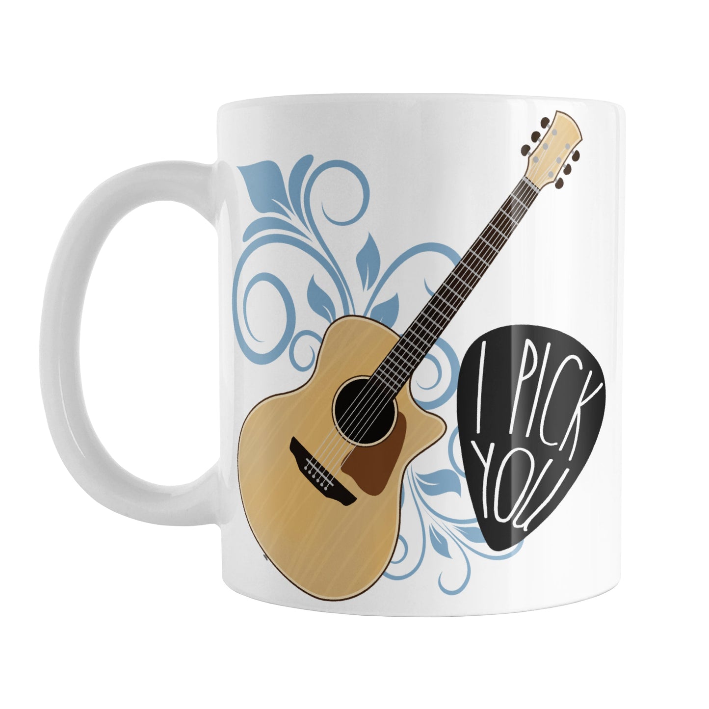 I Pick You - Guitar Mug (11oz) at Amy's Coffee Mugs. A ceramic coffee mug featuring an illustration of an acoustic guitar over a blue flourish design with a large guitar pick on the right with the words "I pick you" shaped within the pick. This guitar illustration is on both sides of the mug.