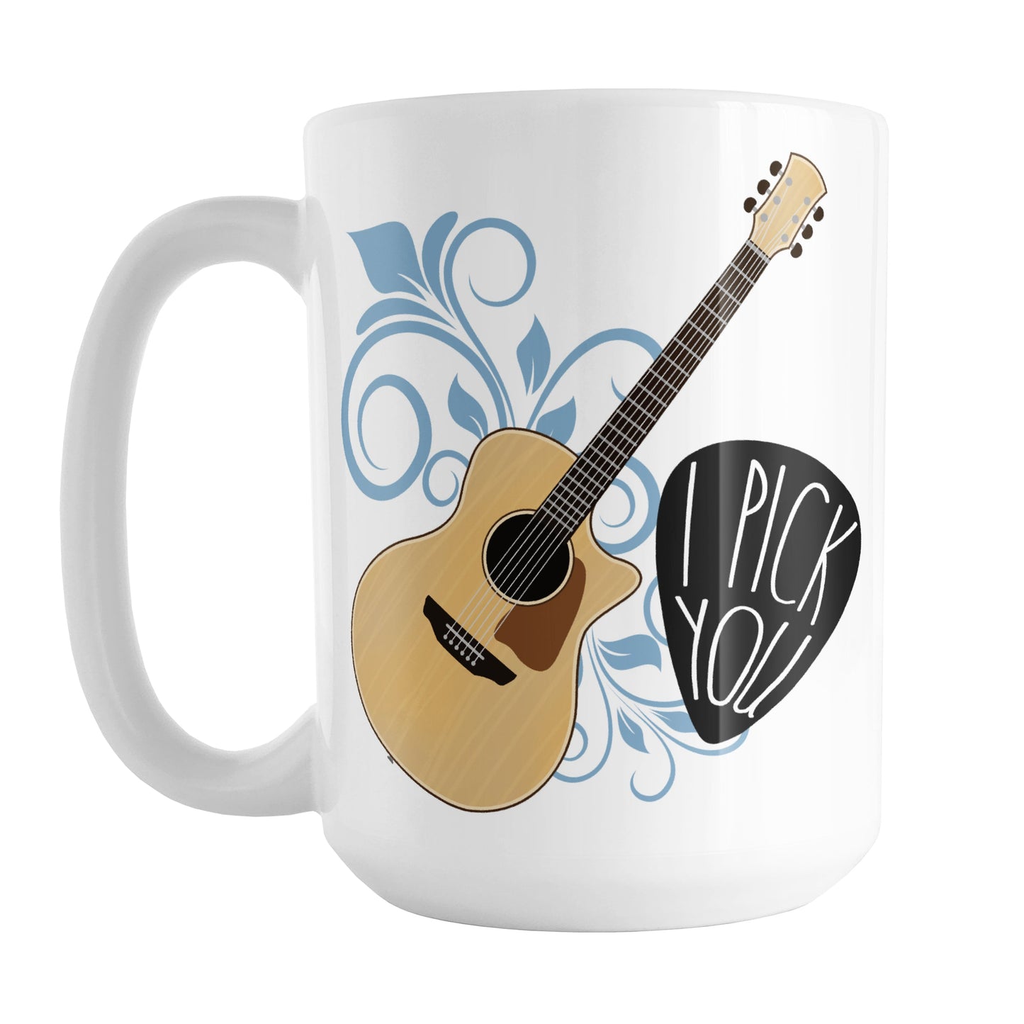 I Pick You - Guitar Mug (15oz) at Amy's Coffee Mugs. A ceramic coffee mug featuring an illustration of an acoustic guitar over a blue flourish design with a large guitar pick on the right with the words "I pick you" shaped within the pick. This guitar illustration is on both sides of the mug.