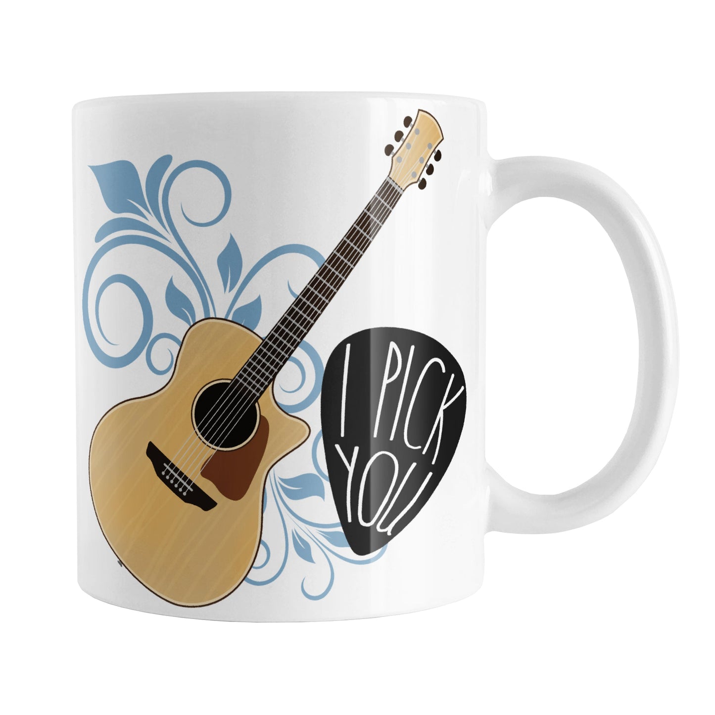 I Pick You - Guitar Mug (11oz) at Amy's Coffee Mugs. A ceramic coffee mug featuring an illustration of an acoustic guitar over a blue flourish design with a large guitar pick on the right with the words "I pick you" shaped within the pick. This guitar illustration is on both sides of the mug.