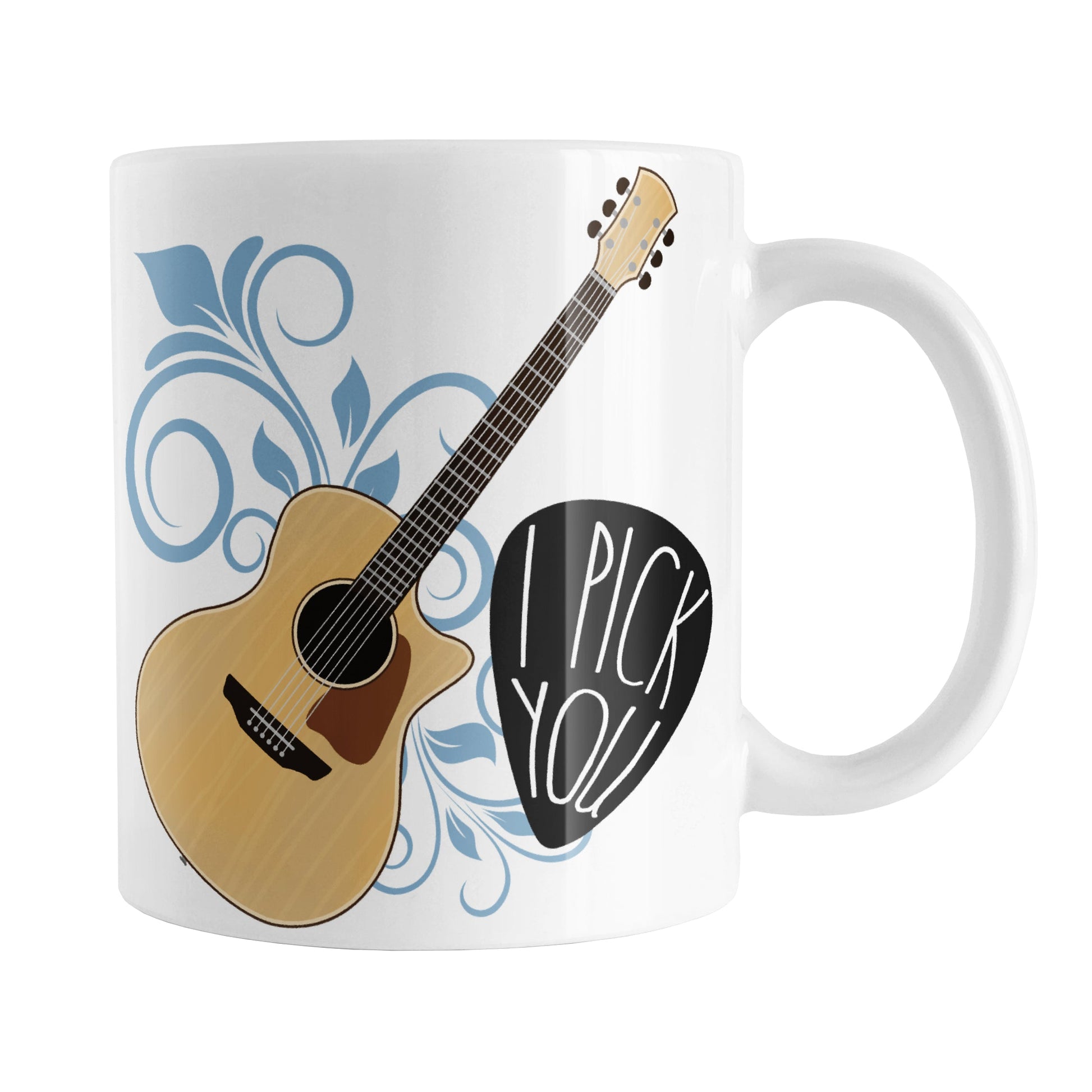 I Pick You - Guitar Mug (11oz) at Amy's Coffee Mugs. A ceramic coffee mug featuring an illustration of an acoustic guitar over a blue flourish design with a large guitar pick on the right with the words "I pick you" shaped within the pick. This guitar illustration is on both sides of the mug.