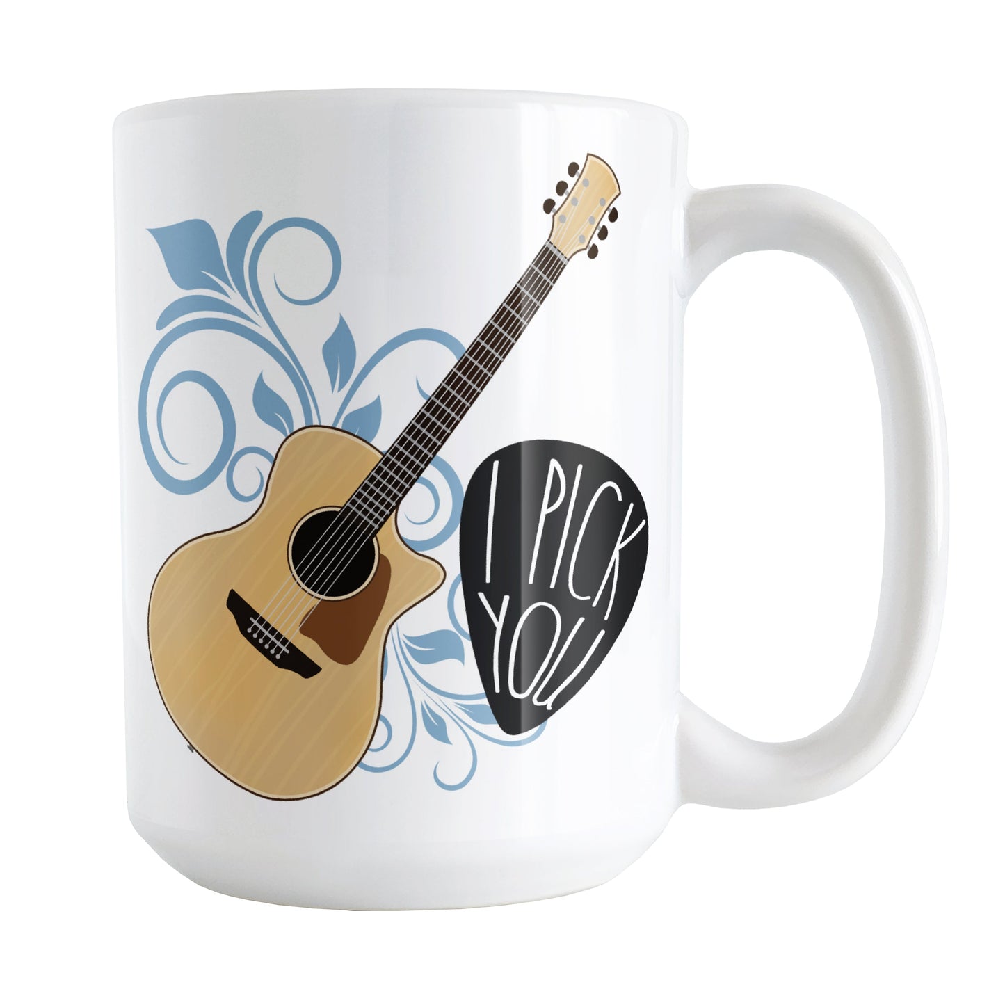 I Pick You - Guitar Mug (15oz) at Amy's Coffee Mugs. A ceramic coffee mug featuring an illustration of an acoustic guitar over a blue flourish design with a large guitar pick on the right with the words "I pick you" shaped within the pick. This guitar illustration is on both sides of the mug.