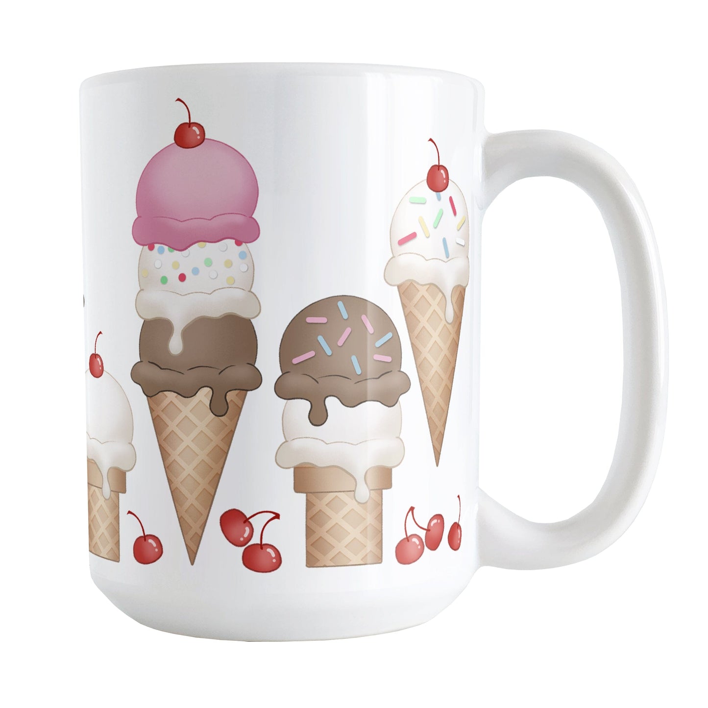 Ice Cream Cones and Cherries Mug (15oz) at Amy's Coffee Mugs. A ceramic coffee mug designed with hand-drawn ice cream cones with chocolate, vanilla, and strawberry scoops, sprinkles, and cherries.