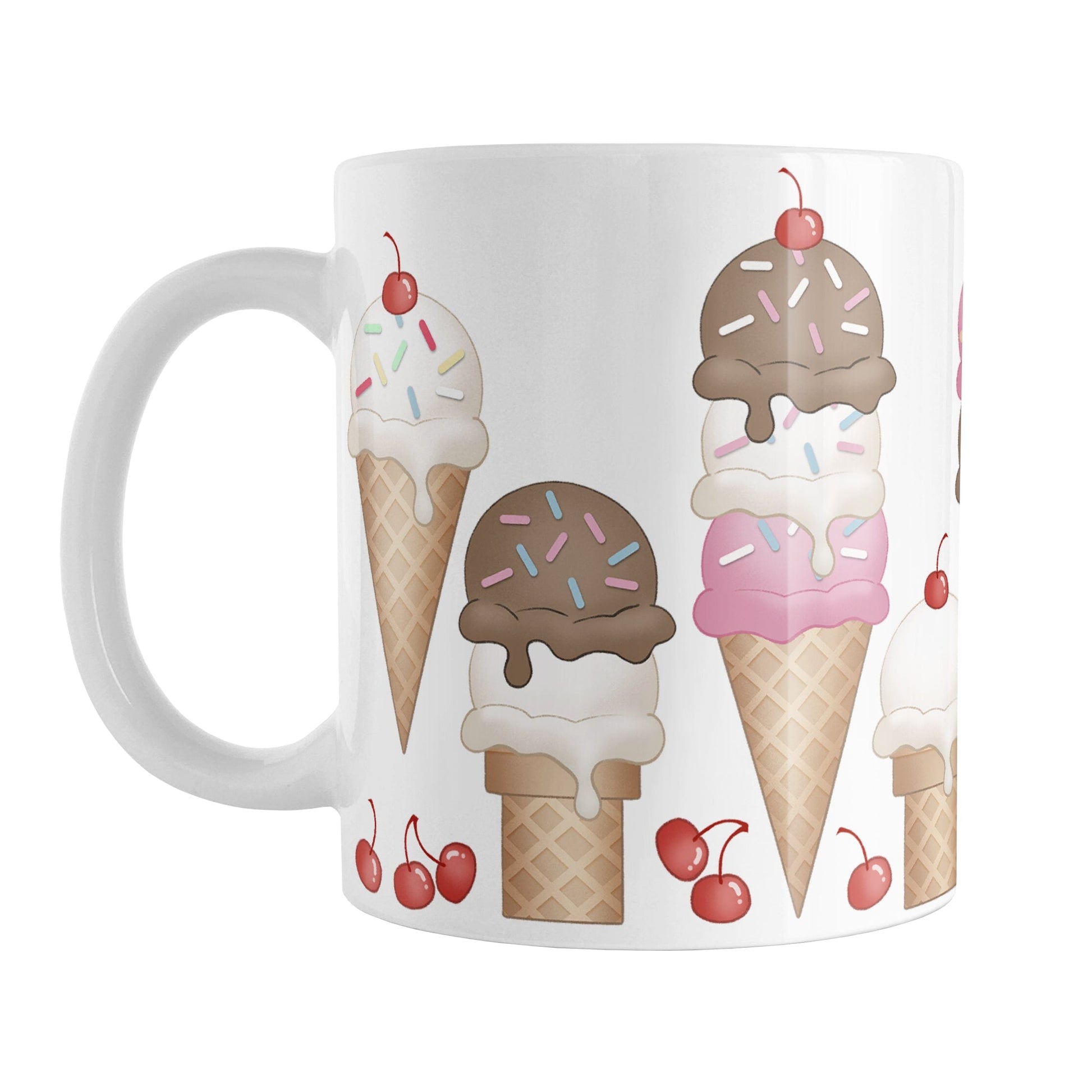 Ice Cream Cones and Cherries Mug (11oz) at Amy's Coffee Mugs. A ceramic coffee mug designed with hand-drawn ice cream cones with chocolate, vanilla, and strawberry scoops, sprinkles, and cherries.