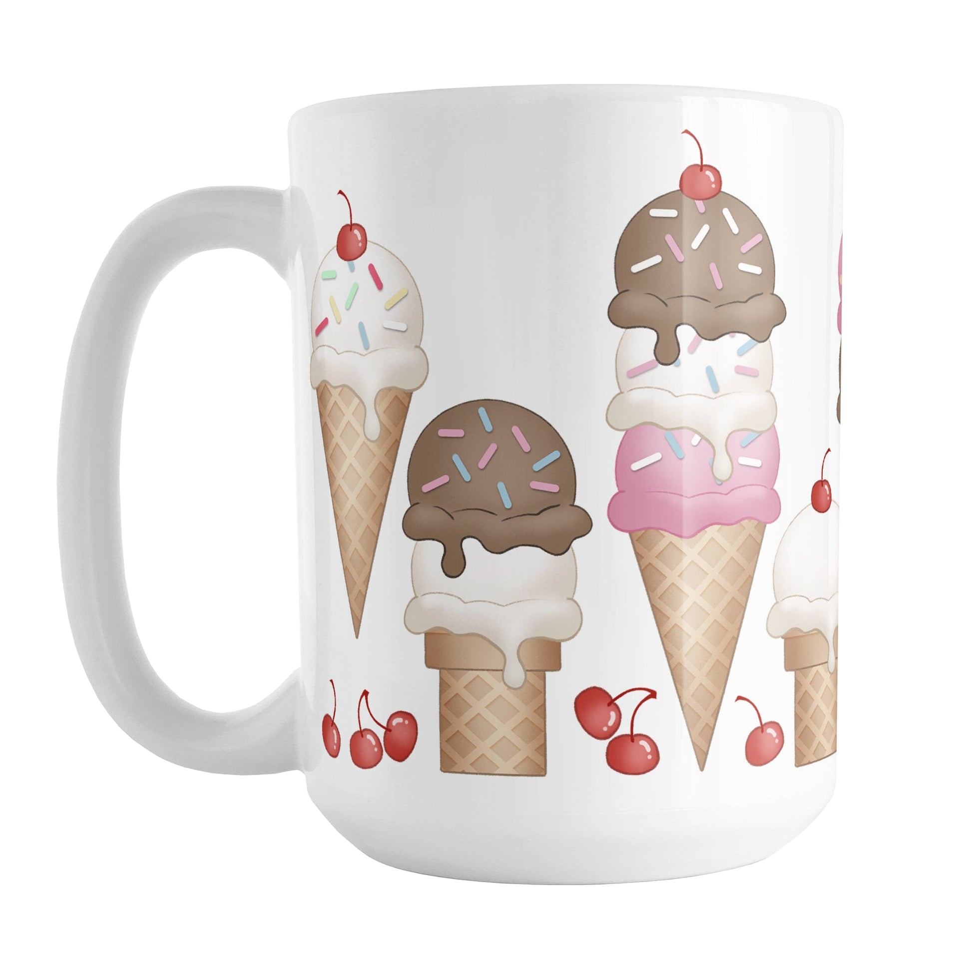 Ice Cream Cones and Cherries Mug (15oz) at Amy's Coffee Mugs. A ceramic coffee mug designed with hand-drawn ice cream cones with chocolate, vanilla, and strawberry scoops, sprinkles, and cherries.