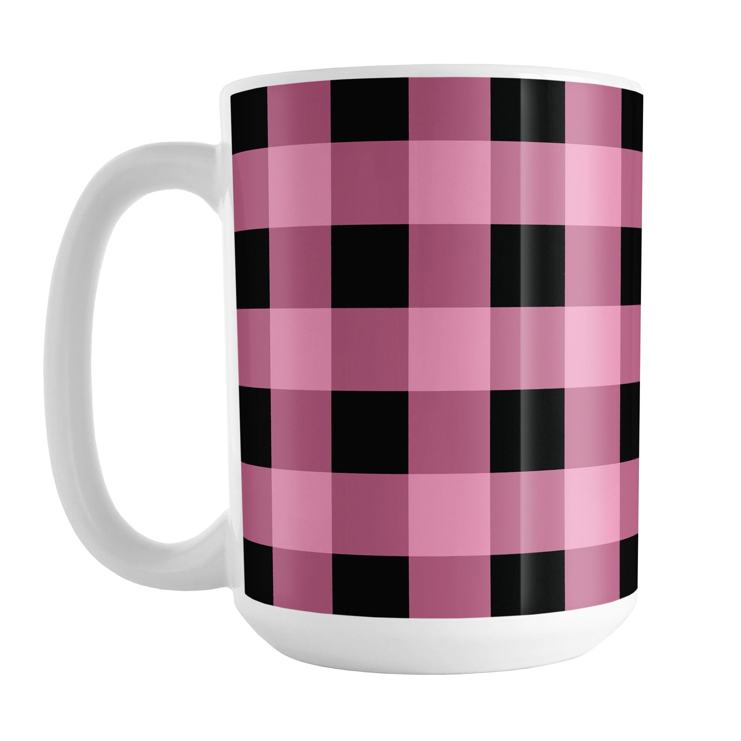 Light Pink and Black Buffalo Plaid Mug (15oz) at Amy's Coffee Mugs. A ceramic coffee mug designed with a black and light pink buffalo plaid (buffalo check) pattern that wraps around the mug up to the handle.