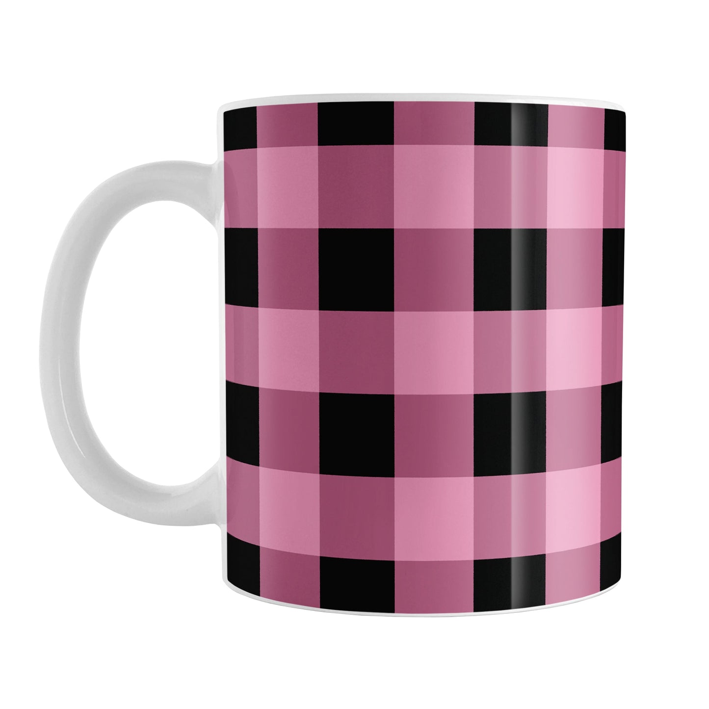 Light Pink and Black Buffalo Plaid Mug (11oz) at Amy's Coffee Mugs. A ceramic coffee mug designed with a black and light pink buffalo plaid (buffalo check) pattern that wraps around the mug up to the handle.