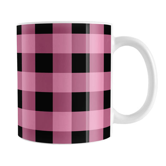 Light Pink and Black Buffalo Plaid Mug (11oz) at Amy's Coffee Mugs. A ceramic coffee mug designed with a black and light pink buffalo plaid (buffalo check) pattern that wraps around the mug up to the handle.