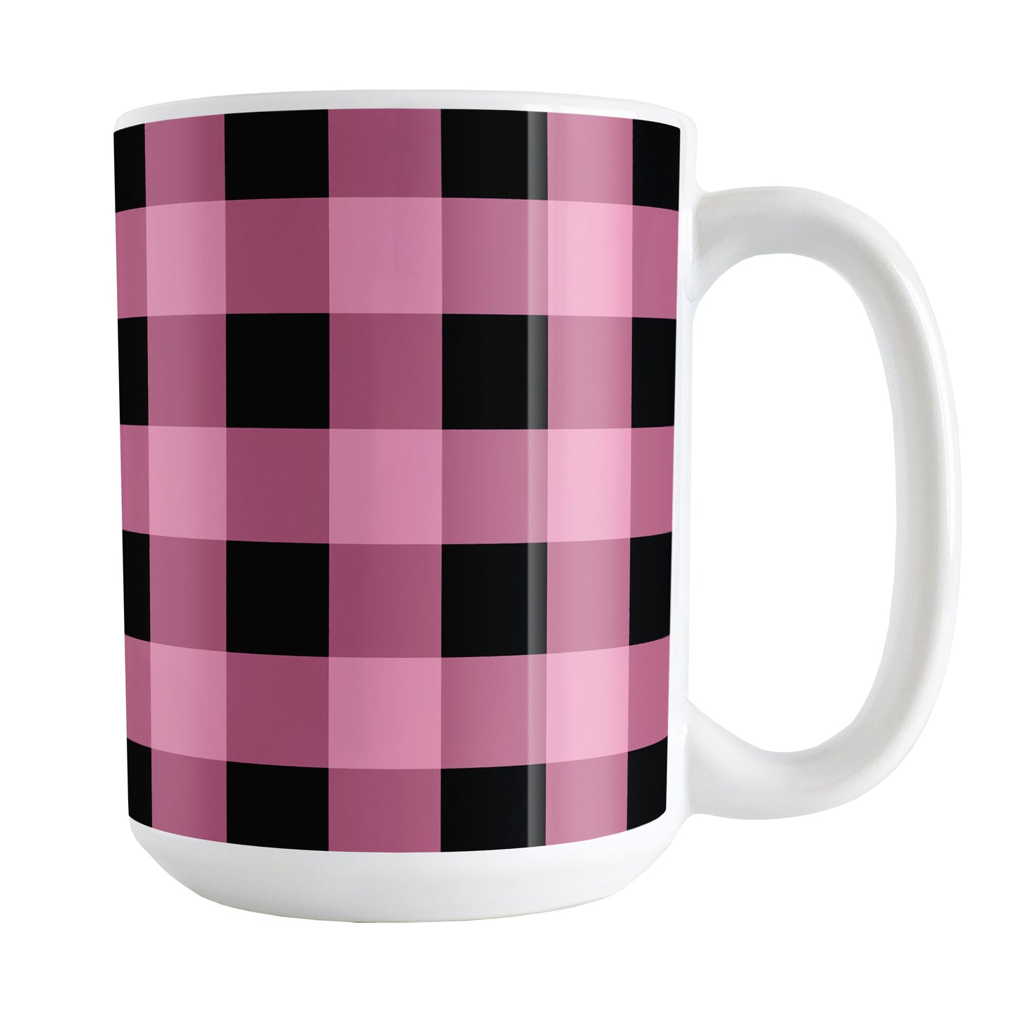 Light Pink and Black Buffalo Plaid Mug (15oz) at Amy's Coffee Mugs. A ceramic coffee mug designed with a black and light pink buffalo plaid (buffalo check) pattern that wraps around the mug up to the handle.