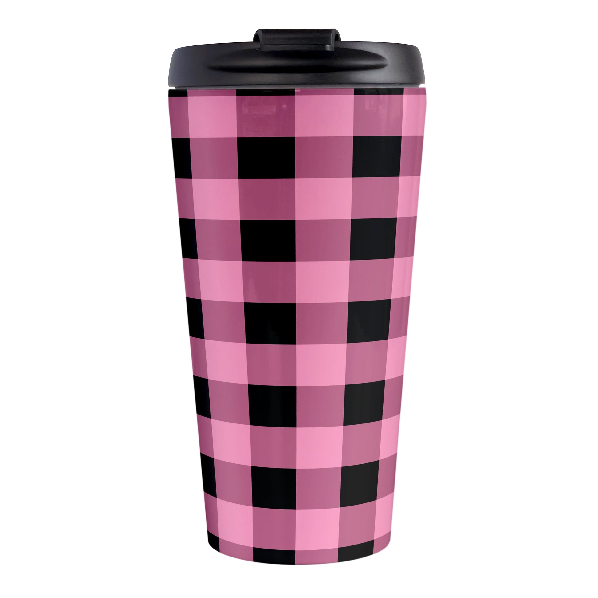 Light Pink and Black Buffalo Plaid Travel Mug (15oz, stainless steel insulated) at Amy's Coffee Mugs. A travel mug designed with a black and light pink buffalo plaid (buffalo check) pattern that wraps around the mug.