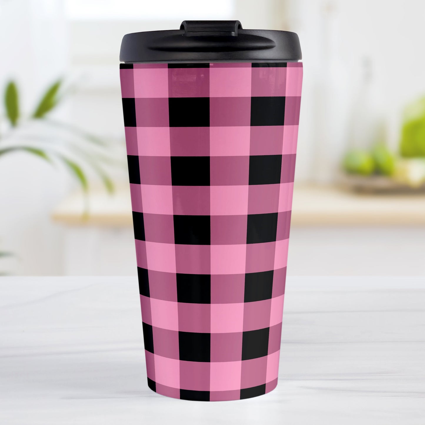 Light Pink and Black Buffalo Plaid Travel Mug (15oz, stainless steel insulated) at Amy's Coffee Mugs. A travel mug designed with a black and light pink buffalo plaid (buffalo check) pattern that wraps around the mug.