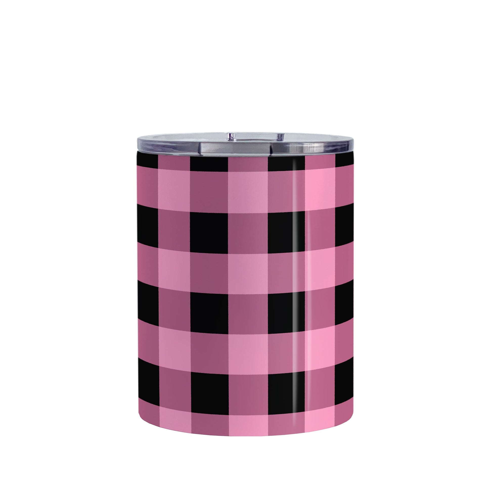 Light Pink and Black Buffalo Plaid Tumbler Cup (10oz, stainless steel insulated) at Amy's Coffee Mugs. A tumbler cup designed with a black and light pink buffalo plaid (buffalo check) pattern that wraps around the cup.