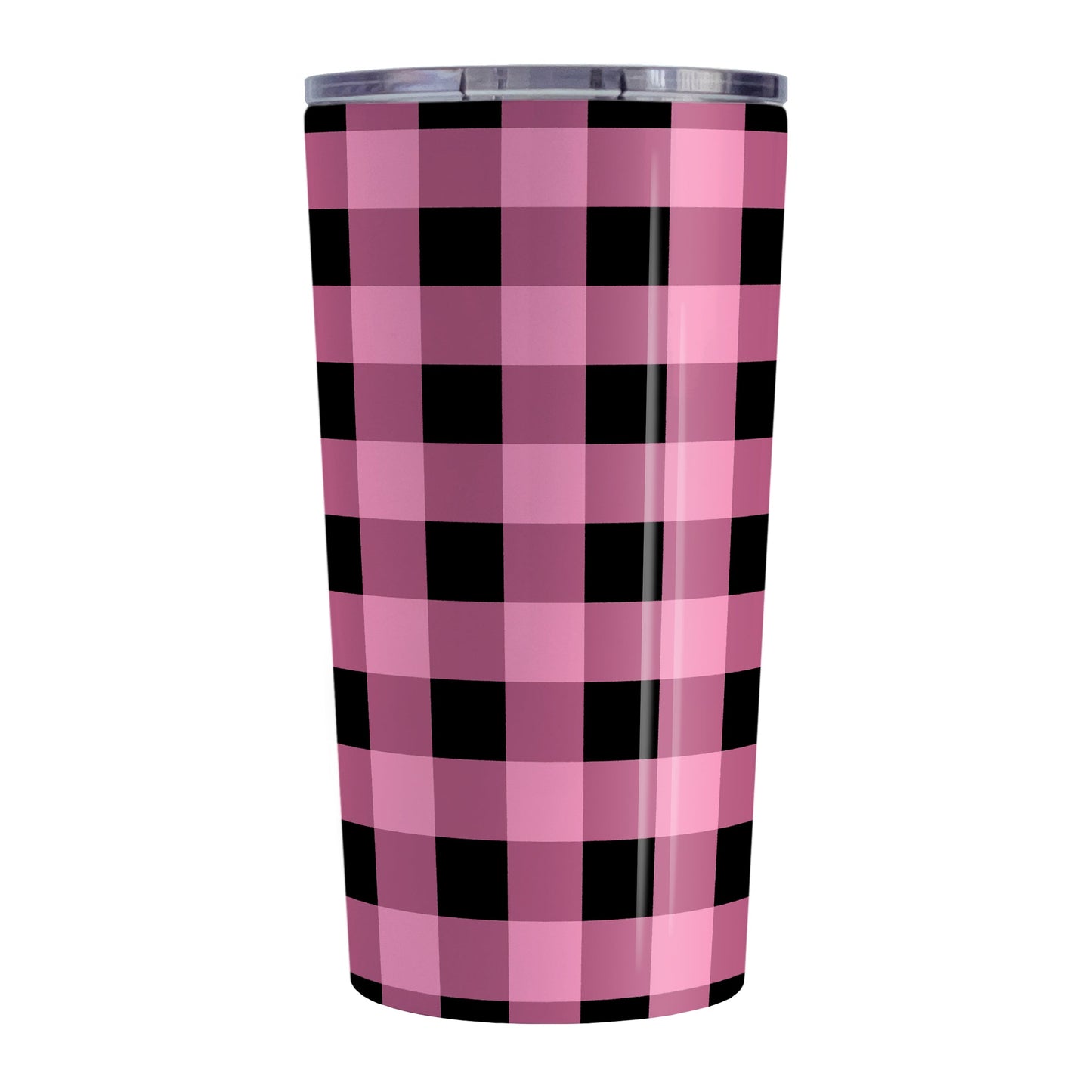 Light Pink and Black Buffalo Plaid Tumbler Cup (20oz, stainless steel insulated) at Amy's Coffee Mugs. A tumbler cup designed with a black and light pink buffalo plaid (buffalo check) pattern that wraps around the cup.