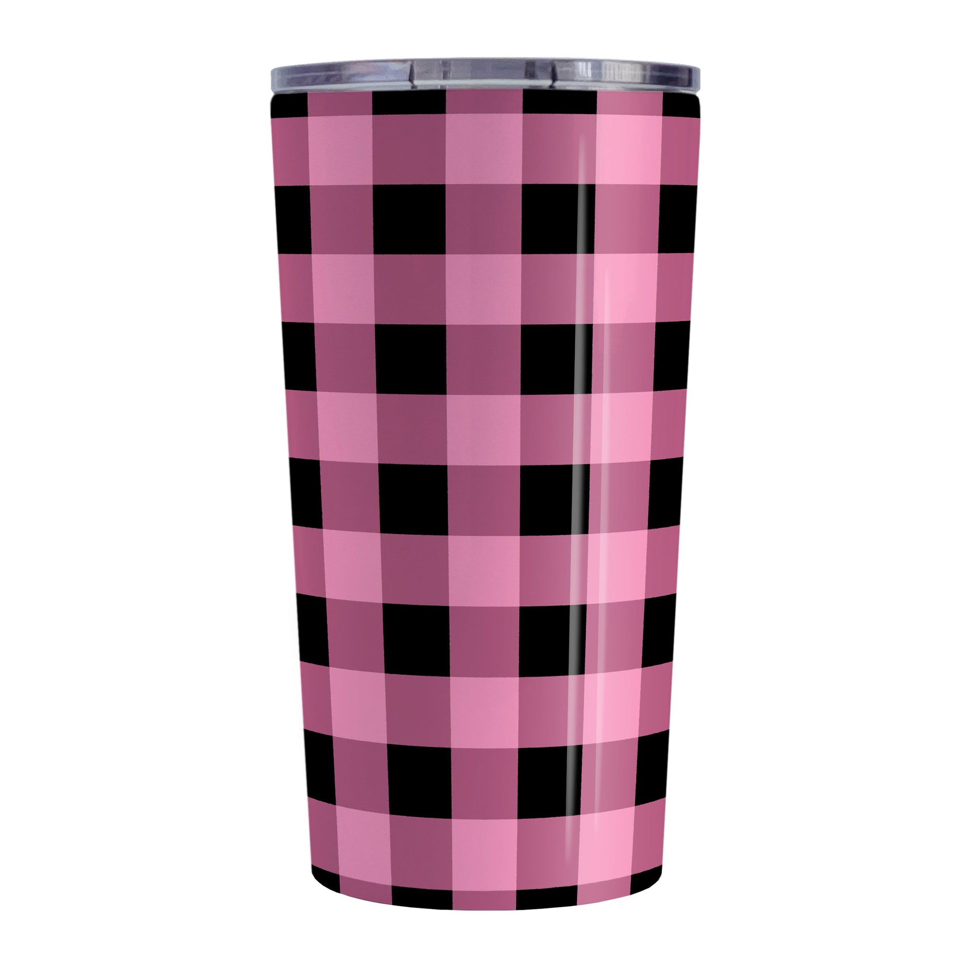 Light Pink and Black Buffalo Plaid Tumbler Cup (20oz, stainless steel insulated) at Amy's Coffee Mugs. A tumbler cup designed with a black and light pink buffalo plaid (buffalo check) pattern that wraps around the cup.