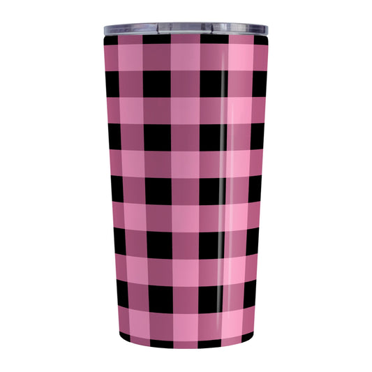 Light Pink and Black Buffalo Plaid Tumbler Cup (20oz, stainless steel insulated) at Amy's Coffee Mugs. A tumbler cup designed with a black and light pink buffalo plaid (buffalo check) pattern that wraps around the cup.