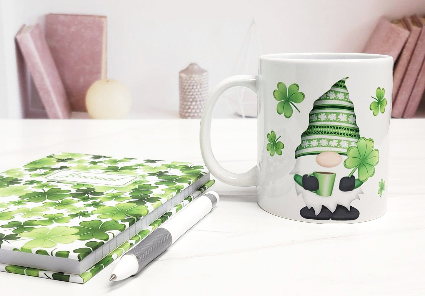 Lucky Clover Gnome Mug (11oz) with Journal on Well Read and Sandstone backgrounds 2 - Amy's Coffee Mugs