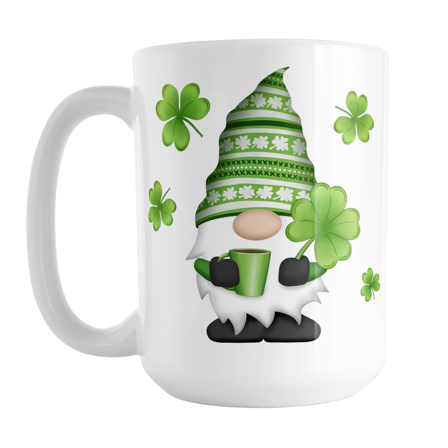 Lucky Clover Gnome Mug (15oz) at Amy's Coffee Mugs. A ceramic coffee mug designed with a gnome with a festive green clover pattern hat, holding a hot beverage and large 4-leaf clover, with shamrocks around the gnome. This cute lucky clover gnome illustration is on both sides of the mug.