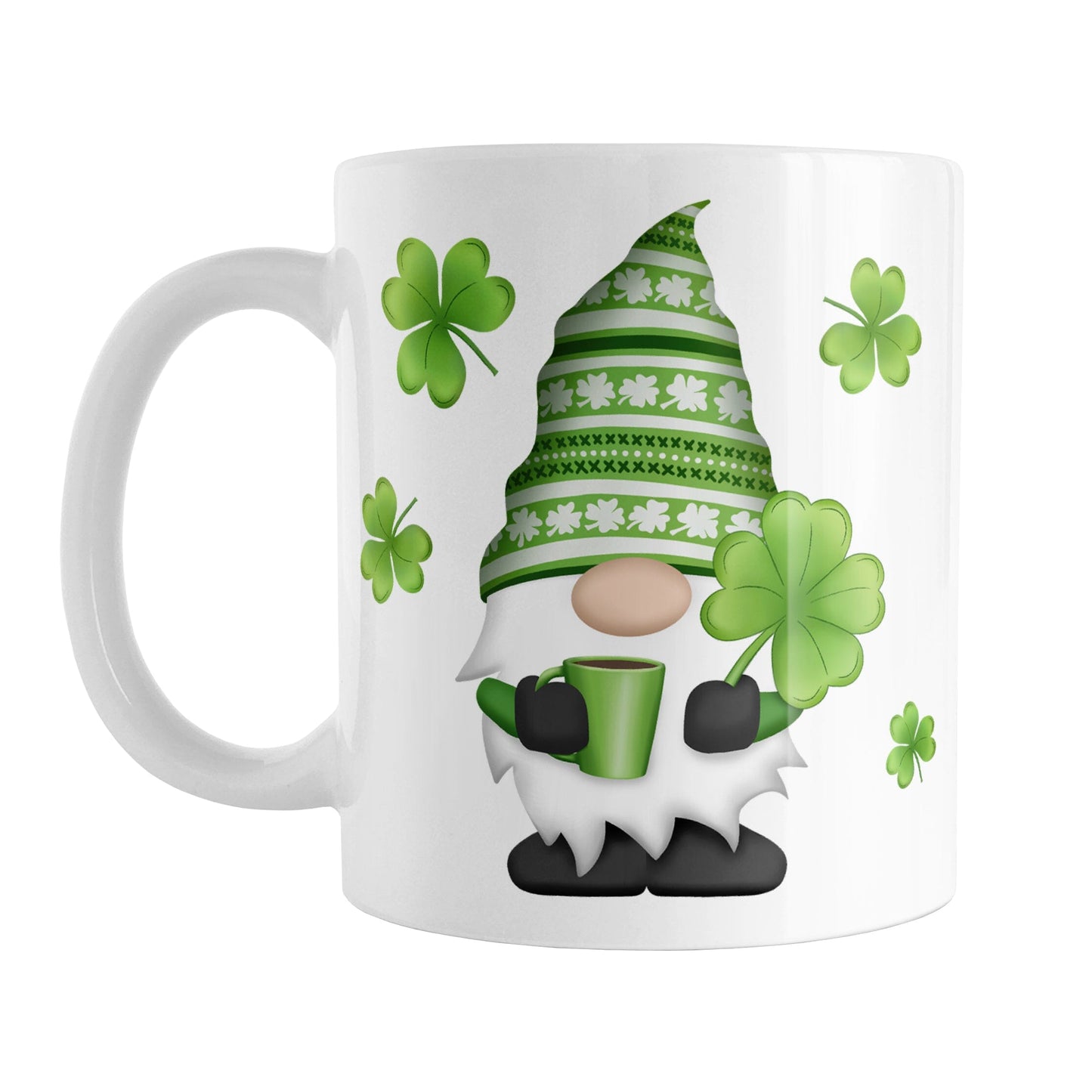 Lucky Clover Gnome Mug (11oz) at Amy's Coffee Mugs. A ceramic coffee mug designed with a gnome with a festive green clover pattern hat, holding a hot beverage and large 4-leaf clover, with shamrocks around the gnome. This cute lucky clover gnome illustration is on both sides of the mug.