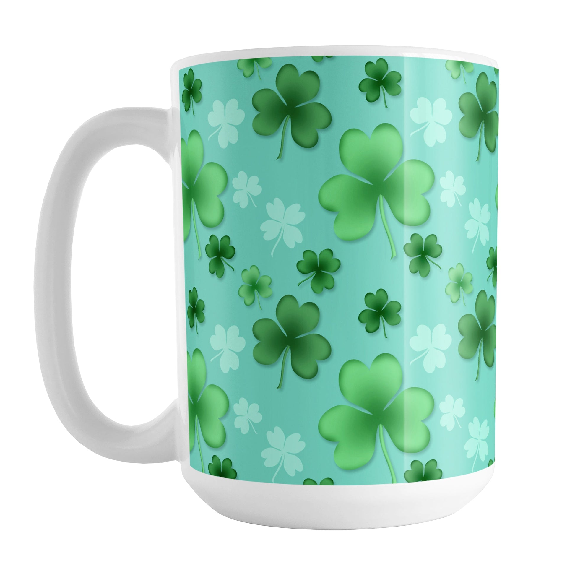 Lucky Clover Pattern Teal and Green Mug (15oz) at Amy's Coffee Mugs. A ceramic coffee mug designed with a lucky green clover pattern with a 4-leaf clover among 3-leaf clovers, in different shades of green, over a teal background that wraps around the mug to the handle.