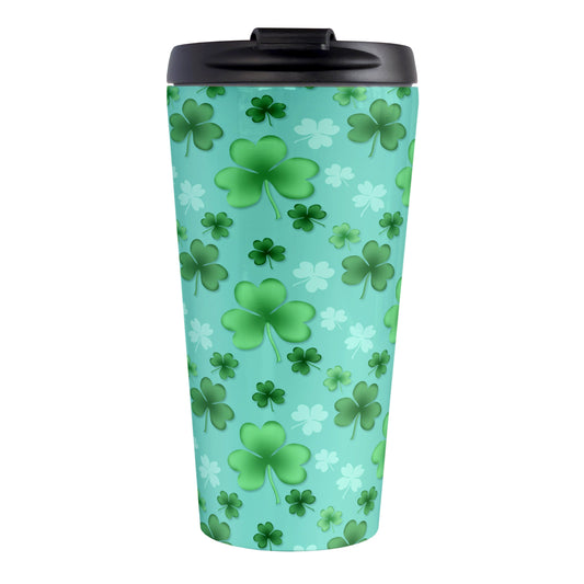 Lucky Clover Pattern Teal and Green Travel Mug (15oz, stainless steel insulated) at Amy's Coffee Mugs. A travel mug designed with a lucky green clover pattern with a 4-leaf clover among 3-leaf clovers, in different shades of green, over a teal background that wraps around the mug.