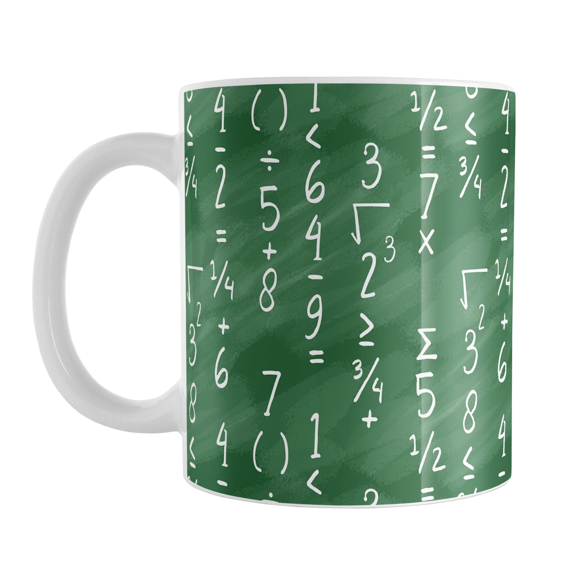 Mathematics Pattern Math Mug (11oz) at Amy's Coffee Mugs. A ceramic coffee mug designed with handwritten numbers and simple math symbols and functions in vertical columns over a green chalkboard background that wraps around the mug to the handle. This mug is perfect for mathematicians and math teachers, and for people who appreciate mathematics.