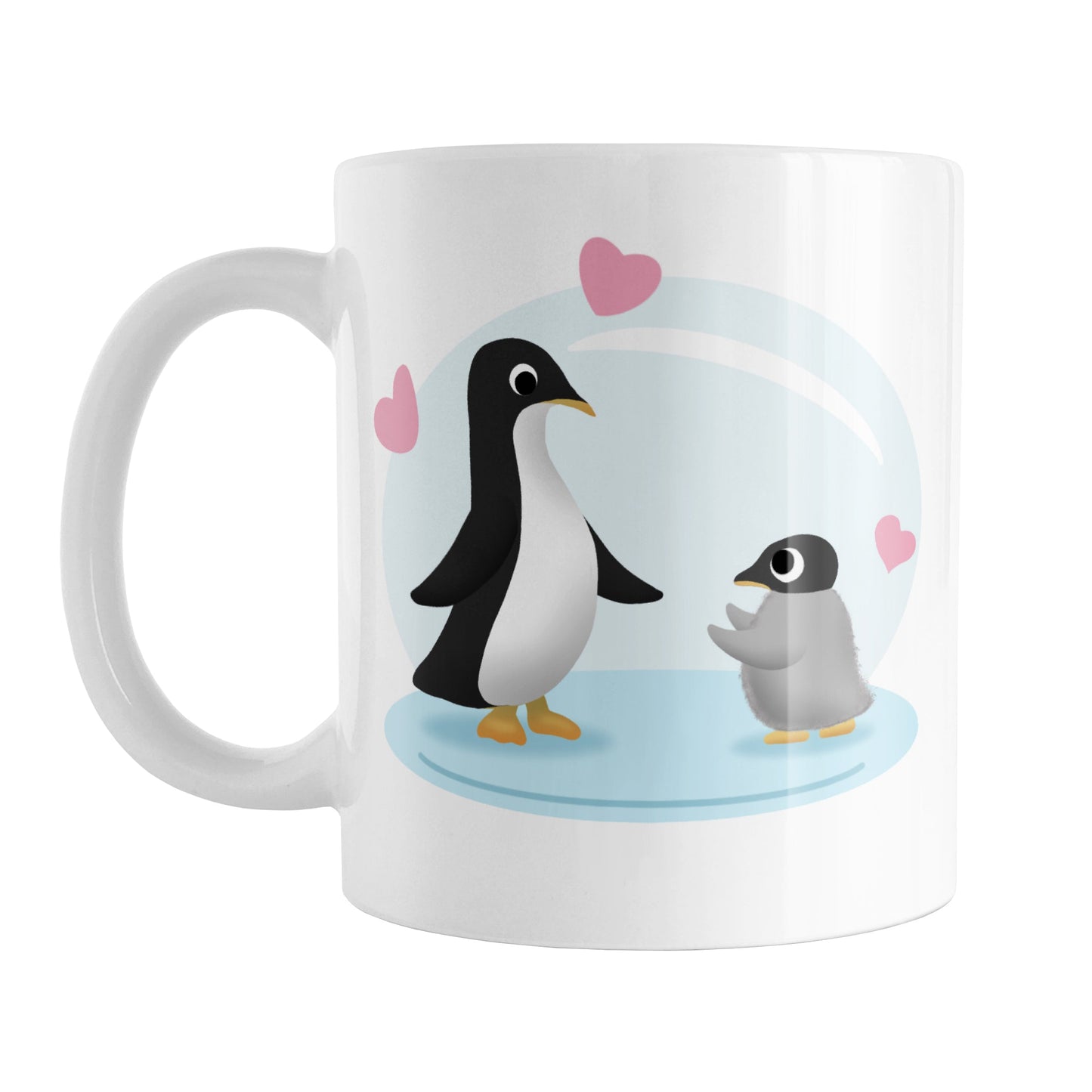 My Little Penguin Mug (11oz) at Amy's Coffee Mugs. A ceramic coffee mug designed with an illustration of a mommy or daddy penguin with a little baby penguin over a blue limited background with three pink hearts. This cute penguin design is on both sides of the mug.