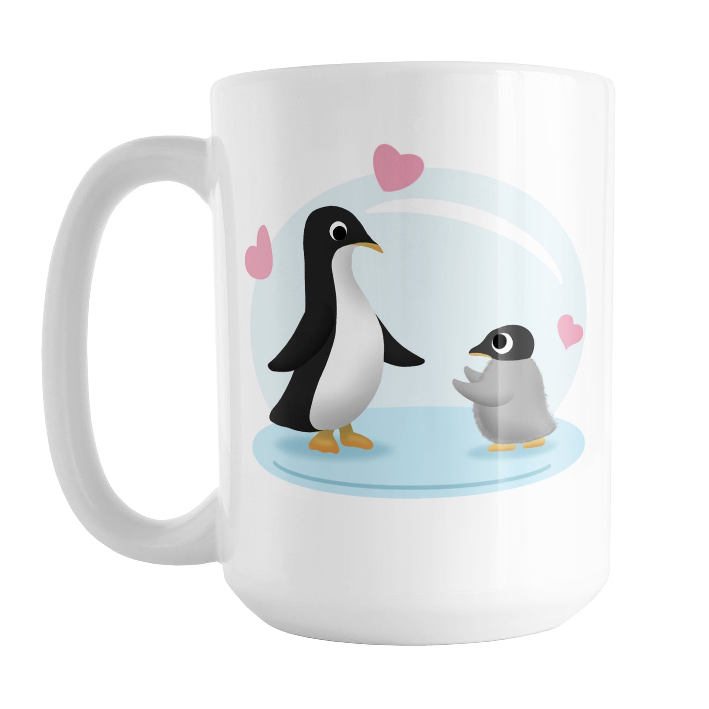 My Little Penguin Mug (15oz) at Amy's Coffee Mugs. A ceramic coffee mug designed with an illustration of a mommy or daddy penguin with a little baby penguin over a blue limited background with three pink hearts. This cute penguin design is on both sides of the mug.