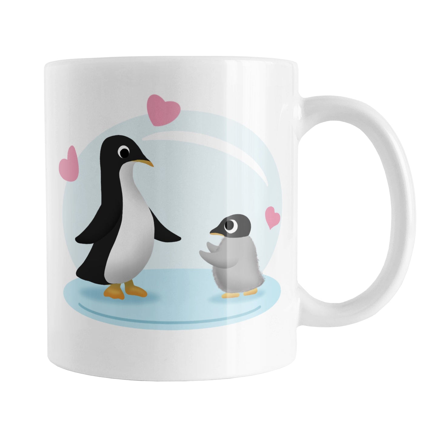 My Little Penguin Mug (11oz) at Amy's Coffee Mugs. A ceramic coffee mug designed with an illustration of a mommy or daddy penguin with a little baby penguin over a blue limited background with three pink hearts. This cute penguin design is on both sides of the mug.