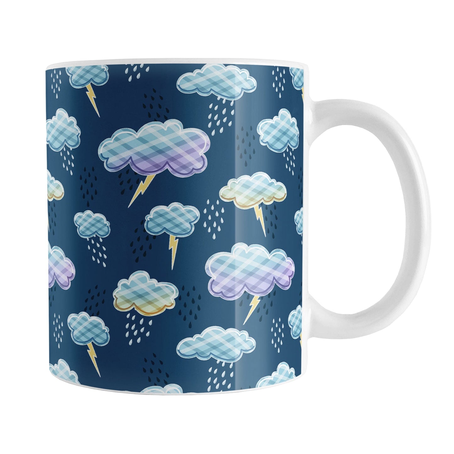 My Thunderstorm Mug (11oz) at Amy's Coffee Mugs. A ceramic coffee mug designed with an adorable thunderstorm pattern with cute illustrated storm clouds with a plaid-like pattern, lightning bolts, and rain over a dark blue background.