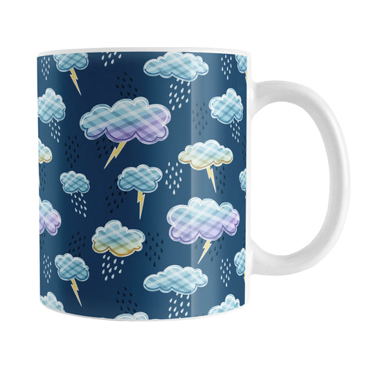 My Thunderstorm Mug (11oz) at Amy's Coffee Mugs. A ceramic coffee mug designed with an adorable thunderstorm pattern with cute illustrated storm clouds with a plaid-like pattern, lightning bolts, and rain over a dark blue background.