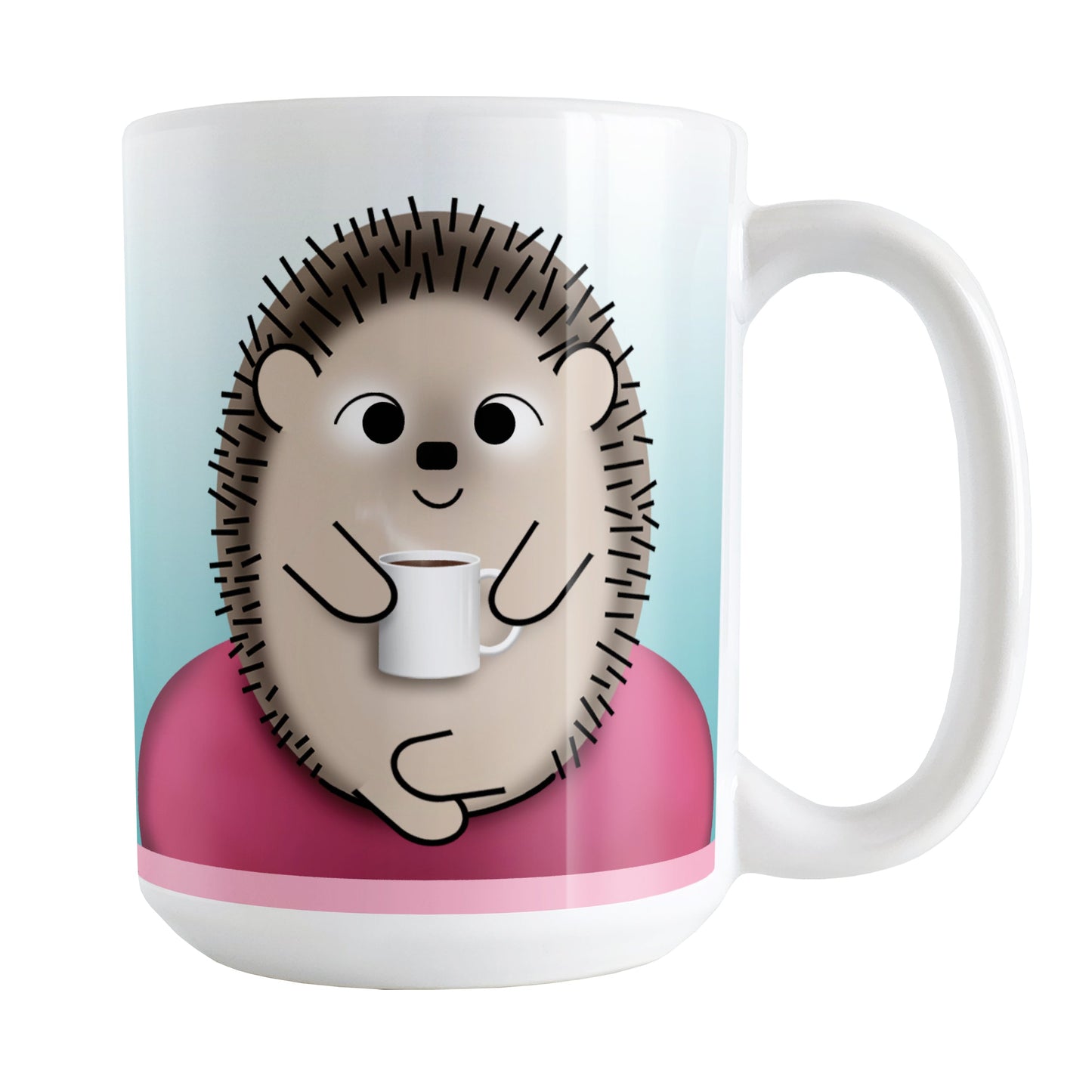My Time to Relax - Cute Pink Coffee Hedgehog Mug (15oz) at Amy's Coffee Mugs. A ceramic coffee mug designed with relaxation in mind, with an adorable happy hedgehog holding a cup of coffee, sitting in a fuchsia pink bean bag chair on both sides of the mug over a turquoise blue gradient background that wraps around the mug up to the handle.