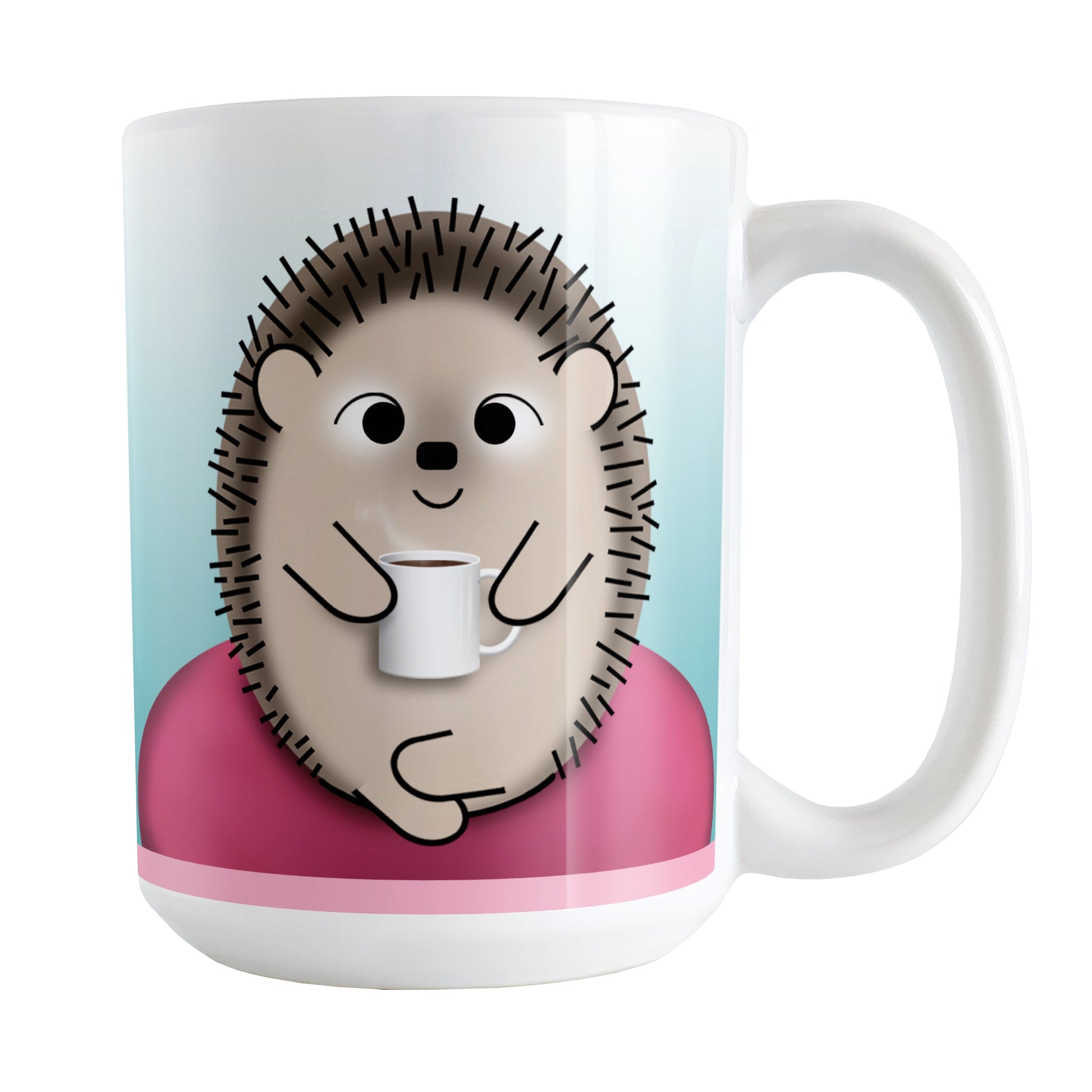 My Time to Relax - Cute Pink Coffee Hedgehog Mug (15oz) at Amy's Coffee Mugs. A ceramic coffee mug designed with relaxation in mind, with an adorable happy hedgehog holding a cup of coffee, sitting in a fuchsia pink bean bag chair on both sides of the mug over a turquoise blue gradient background that wraps around the mug up to the handle.