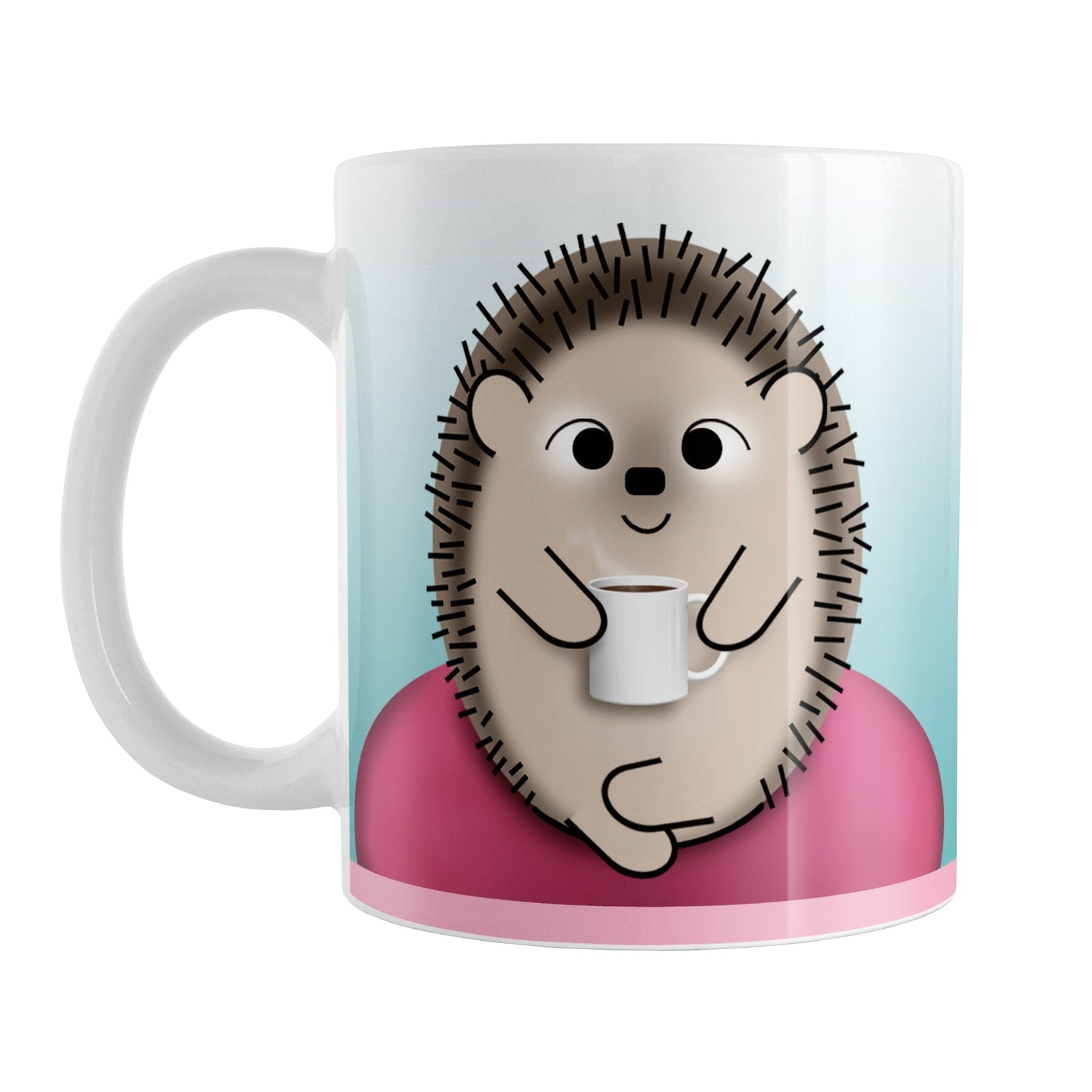 My Time to Relax - Cute Pink Coffee Hedgehog Mug (11oz) at Amy's Coffee Mugs. A ceramic coffee mug designed with relaxation in mind, with an adorable happy hedgehog holding a cup of coffee, sitting in a fuchsia pink bean bag chair on both sides of the mug over a turquoise blue gradient background that wraps around the mug up to the handle.