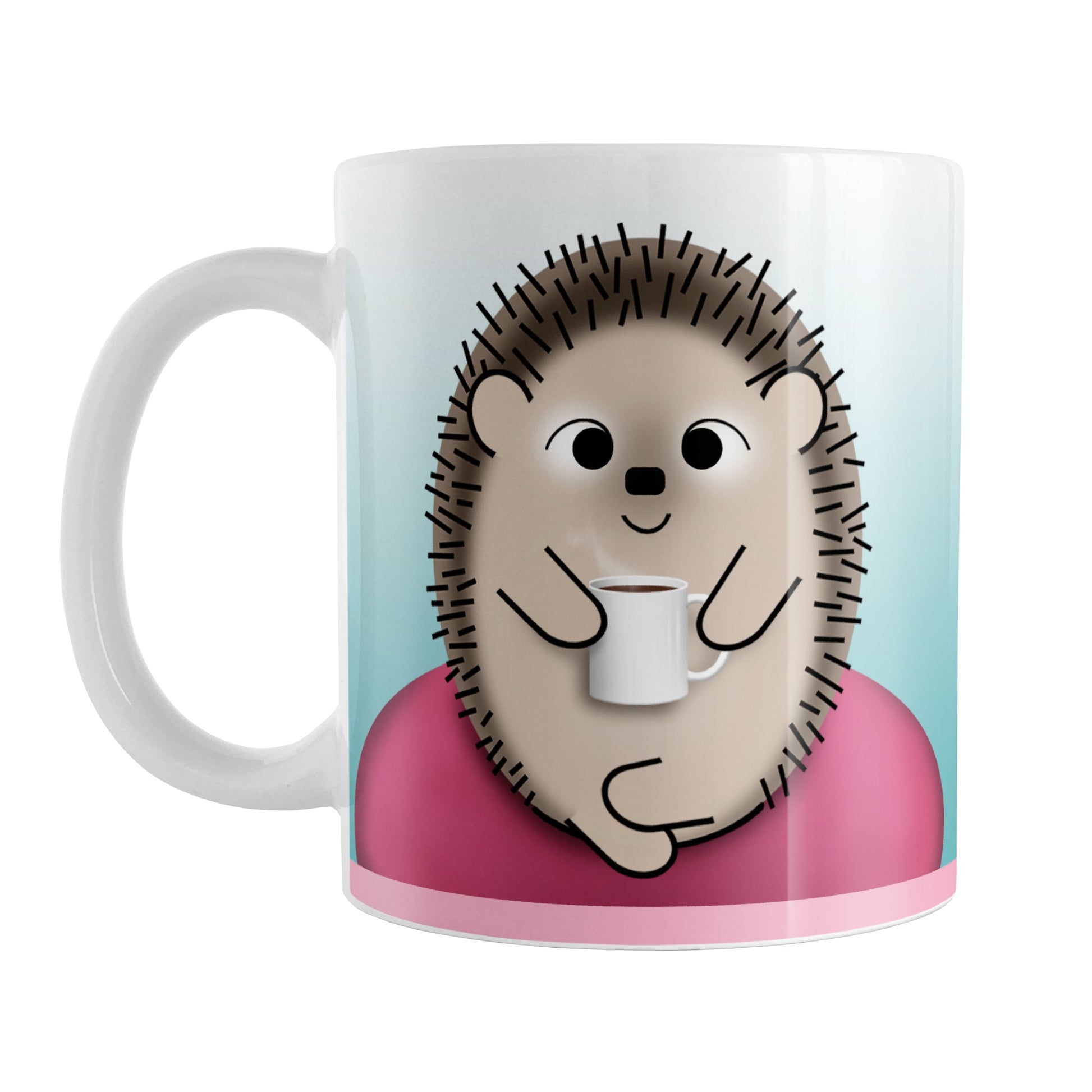 My Time to Relax - Cute Pink Coffee Hedgehog Mug (11oz) at Amy's Coffee Mugs. A ceramic coffee mug designed with relaxation in mind, with an adorable happy hedgehog holding a cup of coffee, sitting in a fuchsia pink bean bag chair on both sides of the mug over a turquoise blue gradient background that wraps around the mug up to the handle.