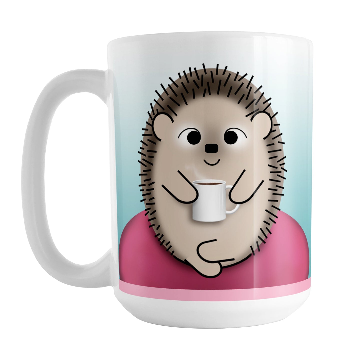 My Time to Relax - Cute Pink Coffee Hedgehog Mug (15oz) at Amy's Coffee Mugs. A ceramic coffee mug designed with relaxation in mind, with an adorable happy hedgehog holding a cup of coffee, sitting in a fuchsia pink bean bag chair on both sides of the mug over a turquoise blue gradient background that wraps around the mug up to the handle.