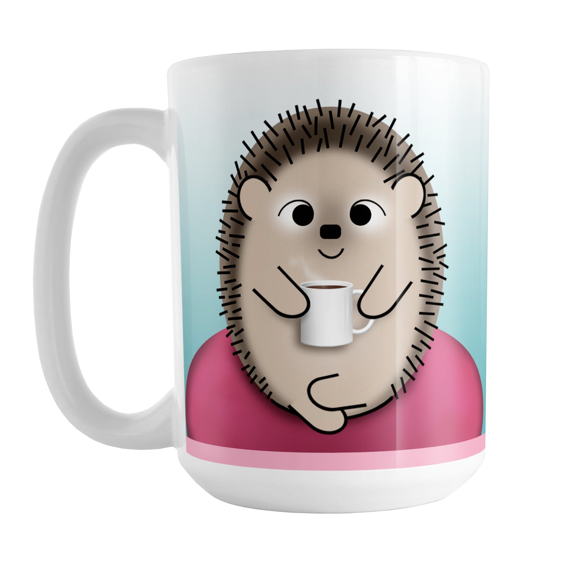 My Time to Relax - Cute Pink Coffee Hedgehog Mug (15oz) at Amy's Coffee Mugs. A ceramic coffee mug designed with relaxation in mind, with an adorable happy hedgehog holding a cup of coffee, sitting in a fuchsia pink bean bag chair on both sides of the mug over a turquoise blue gradient background that wraps around the mug up to the handle.