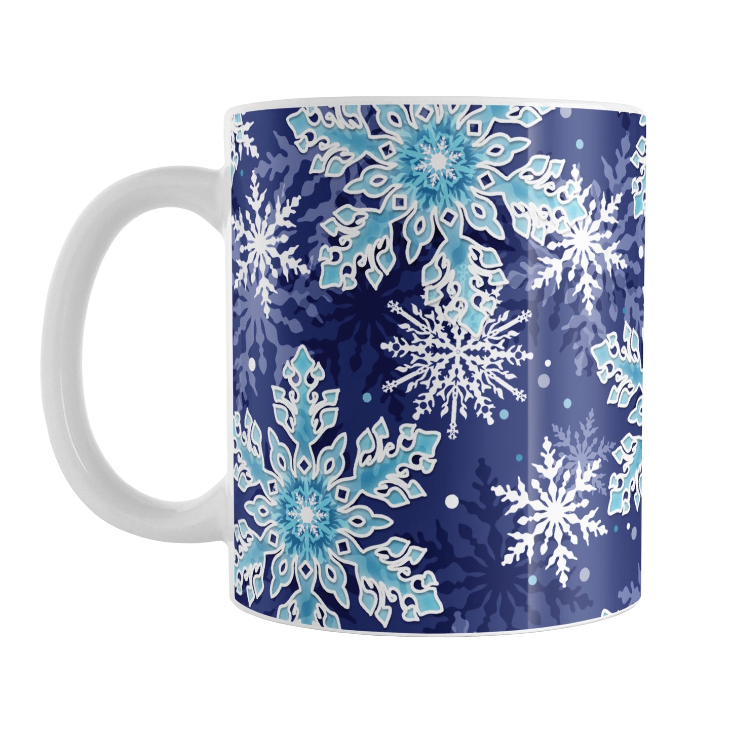 Navy Blue Aqua Snowflake Pattern Winter Mug (11oz) at Amy's Coffee Mugs. A ceramic coffee mug designed with a pattern of aqua blue and white snowflakes over a navy blue background color that wraps around the mug up to the handle.