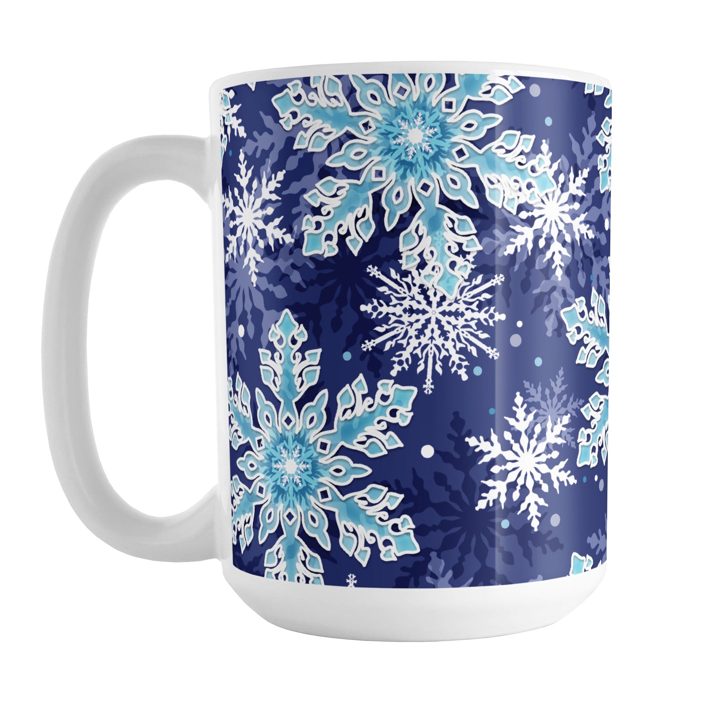 Navy Blue Aqua Snowflake Pattern Winter Mug (15oz) at Amy's Coffee Mugs. A ceramic coffee mug designed with a pattern of aqua blue and white snowflakes over a navy blue background color that wraps around the mug up to the handle.