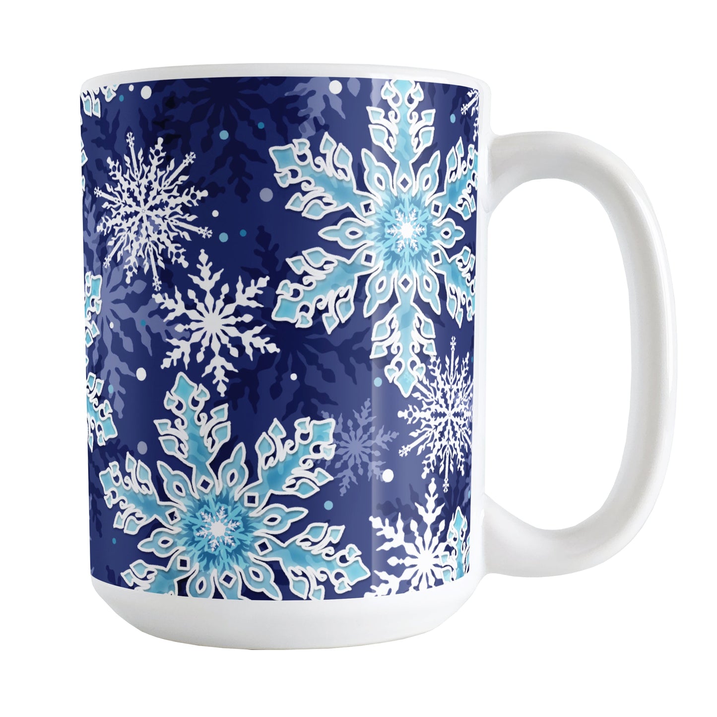 Navy Blue Aqua Snowflake Pattern Winter Mug (15oz) at Amy's Coffee Mugs. A ceramic coffee mug designed with a pattern of aqua blue and white snowflakes over a navy blue background color that wraps around the mug up to the handle.