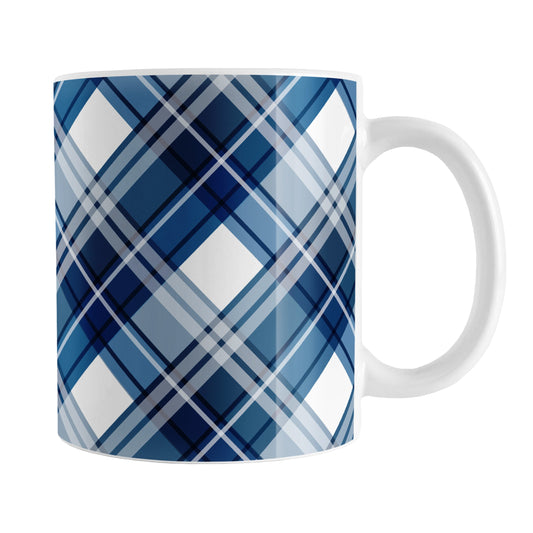 Navy Blue Plaid Mug (11oz) at Amy's Coffee Mugs. A ceramic coffee mug designed with a navy blue plaid pattern with white that wraps around the mug up to the handle.