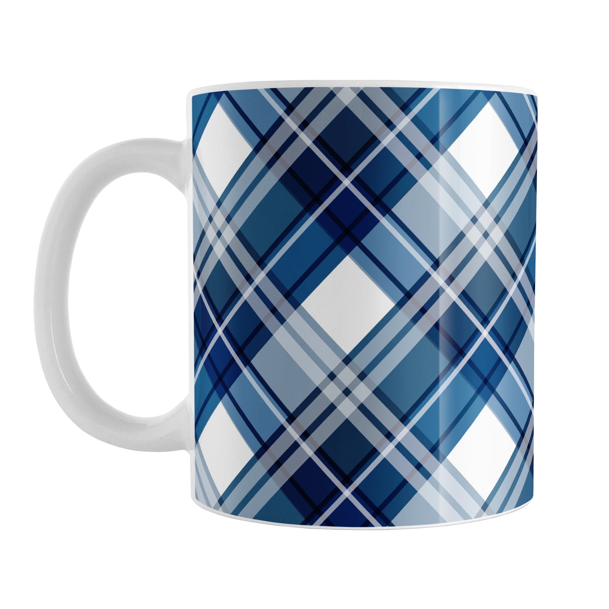 Navy Blue Plaid Mug (11oz) at Amy's Coffee Mugs. A ceramic coffee mug designed with a navy blue plaid pattern with white that wraps around the mug up to the handle.