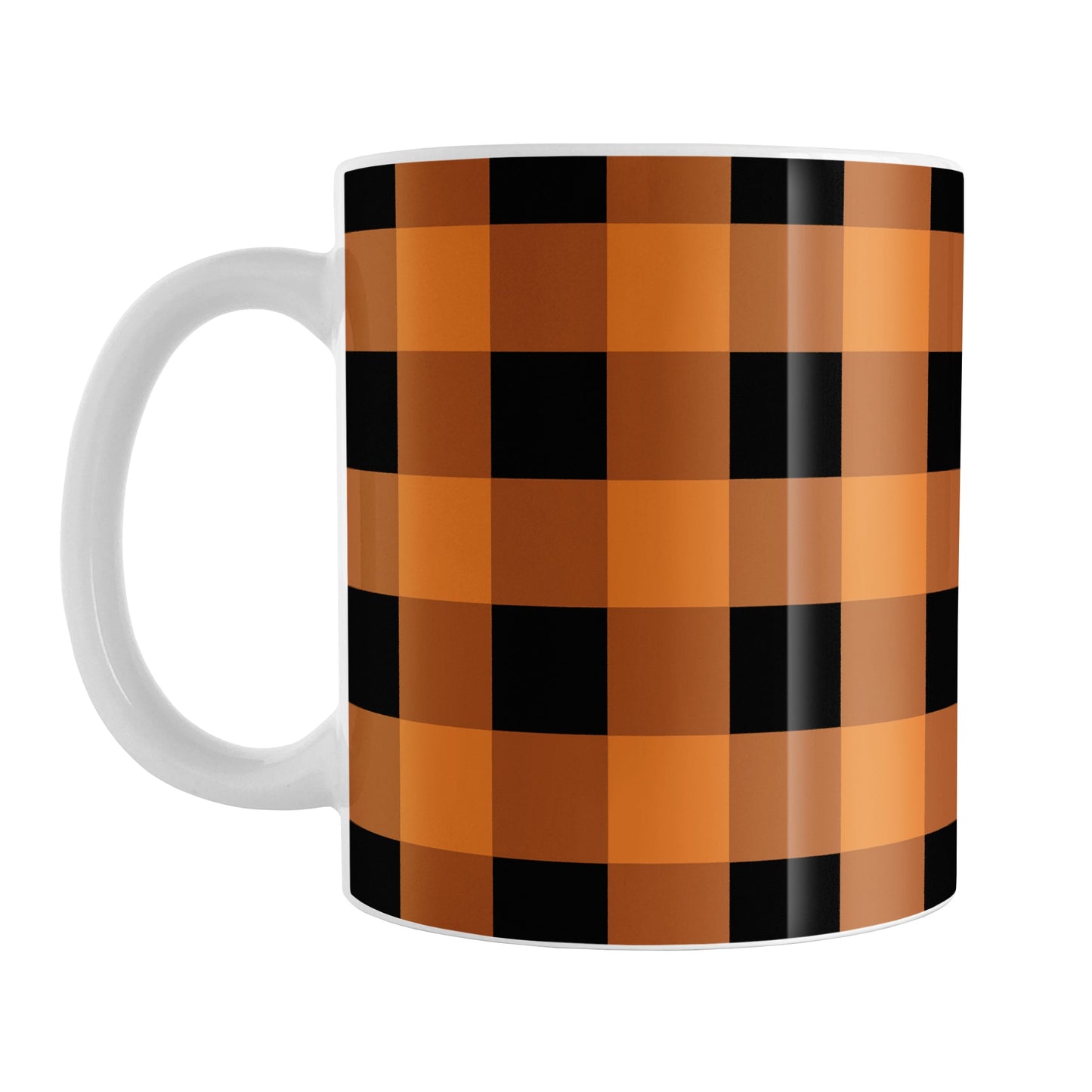 Orange and Black Buffalo Plaid Mug (11oz) at Amy's Coffee Mugs. A ceramic coffee mug designed with a black and orange buffalo plaid (buffalo check) pattern that wraps around the mug up to the handle.